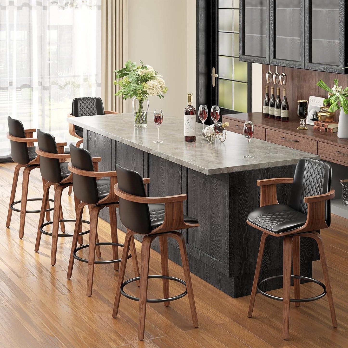 Set Of 3 26 Inch Bar Stools Black PU Leather Upholstery