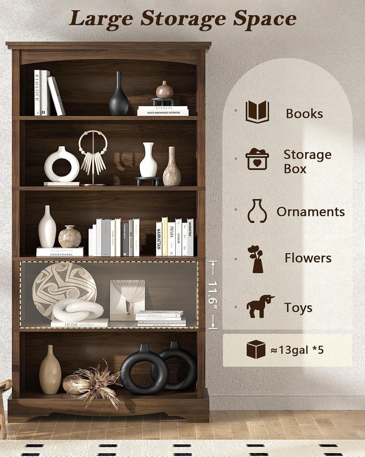 65-Inch Tall Brown Wooden Bookshelf With Five Tiers