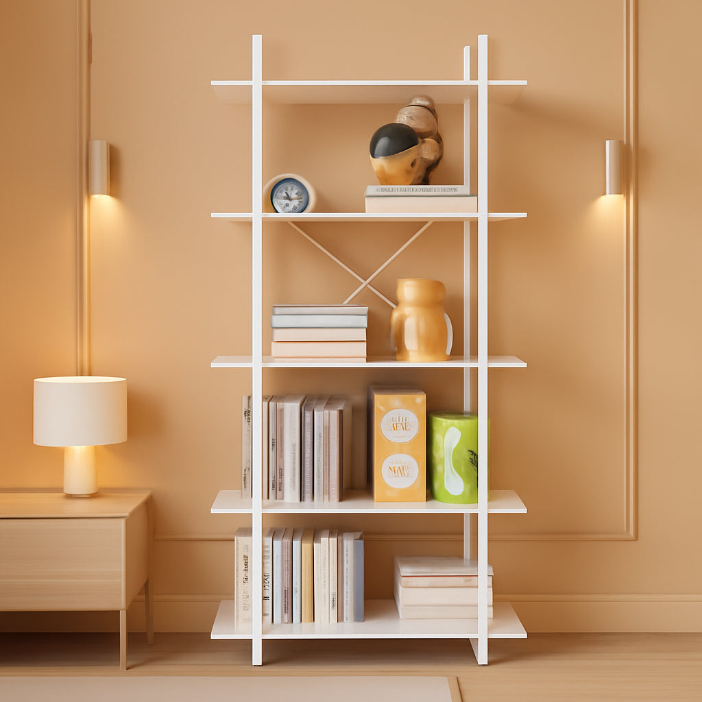 White 5 Tier Wooden Bookcase Tall Storage Organizer