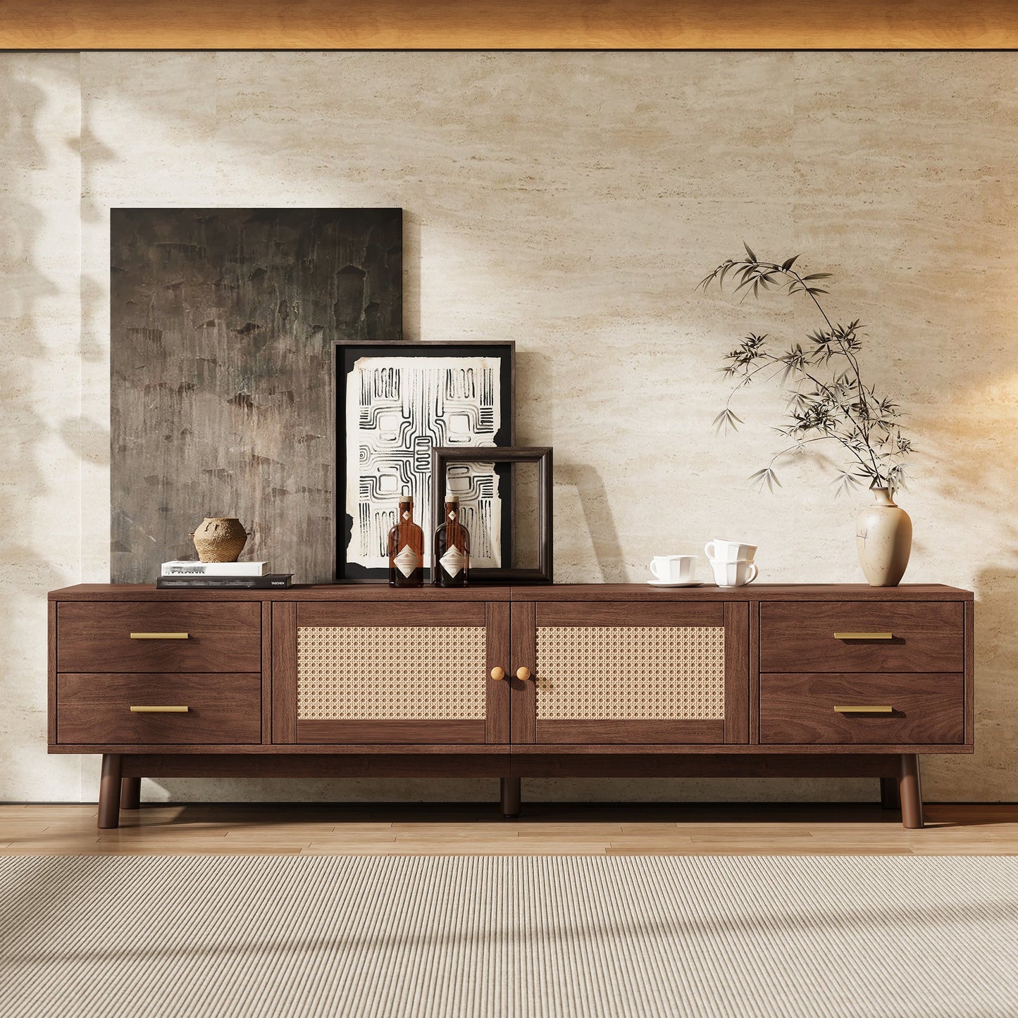 70-Inch Modern TV Stand with Rattan Doors