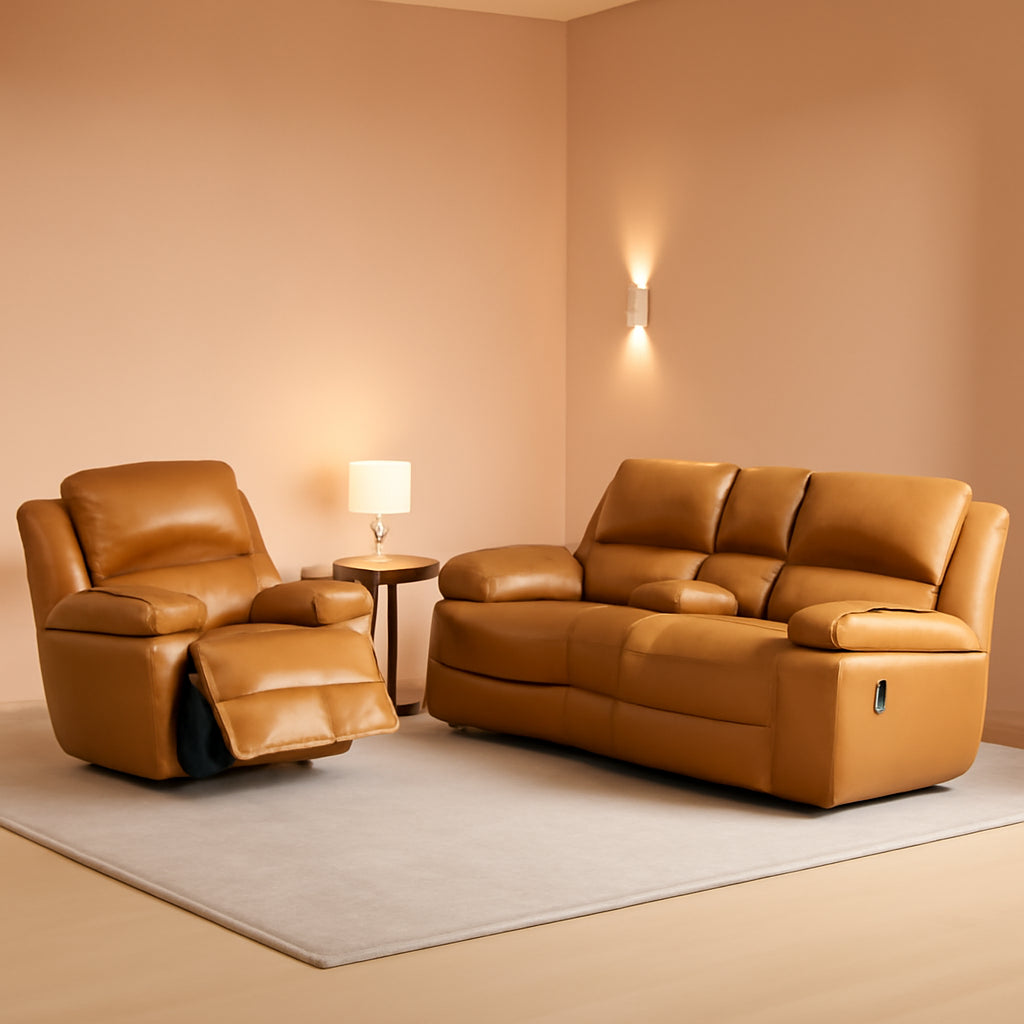 Manual Recliner Sofa Set Ginger Leather With Cup Holder