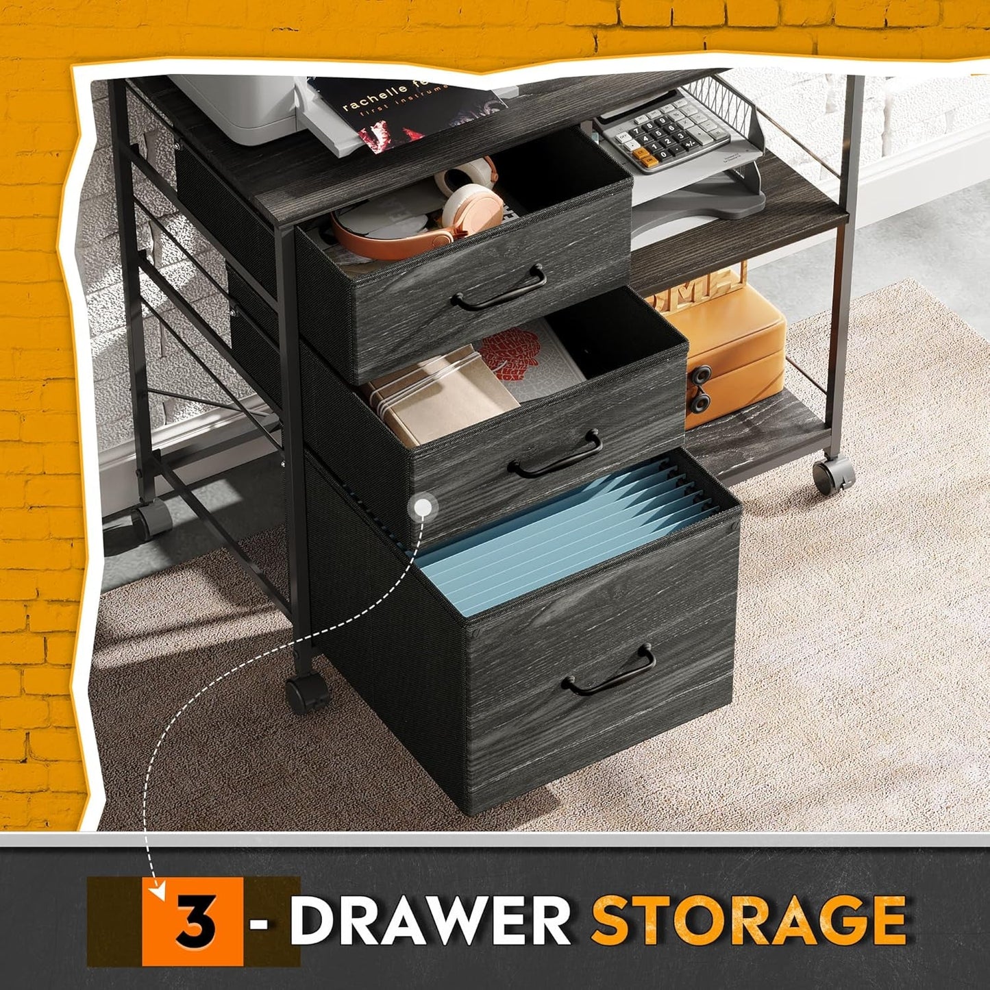 Three Drawer Mobile File Cabinet With Open Storage Shelf Charcoal Black Wood Grain