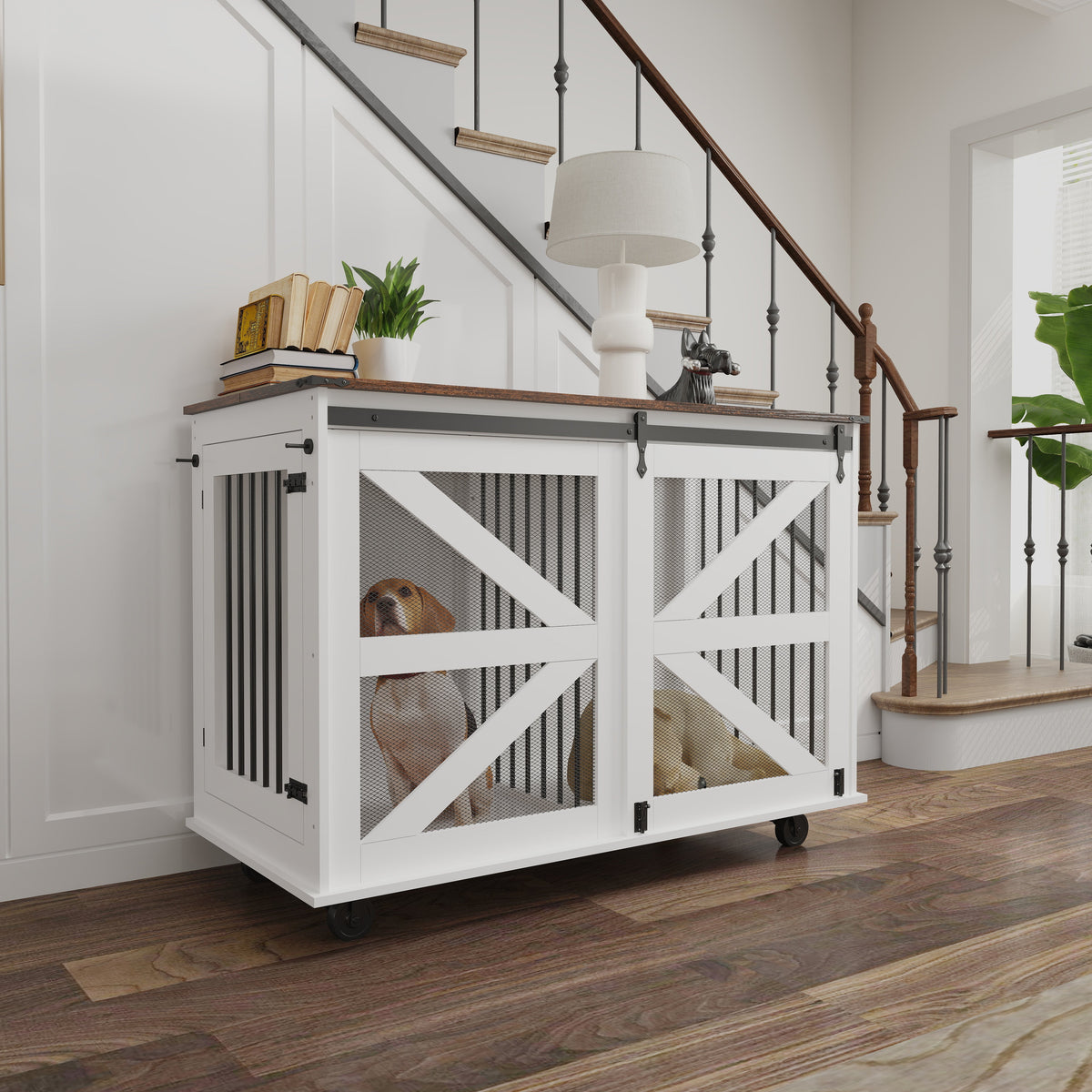 47.2" Mobile Dog Crate with Flip-Top Feeding Door