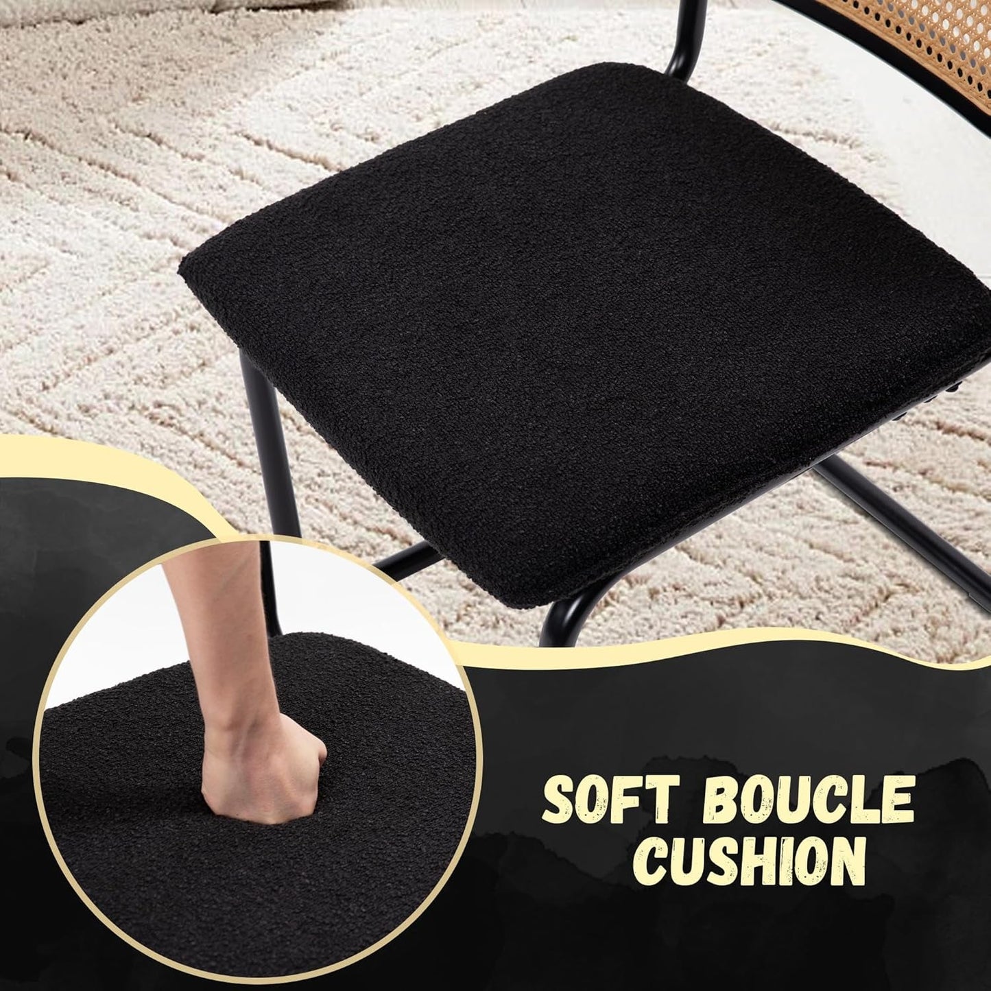Cesca Cane Dining Chairs Set of 2 Black Boucle Seat with soft boucle cushion and natural rattan backrest.