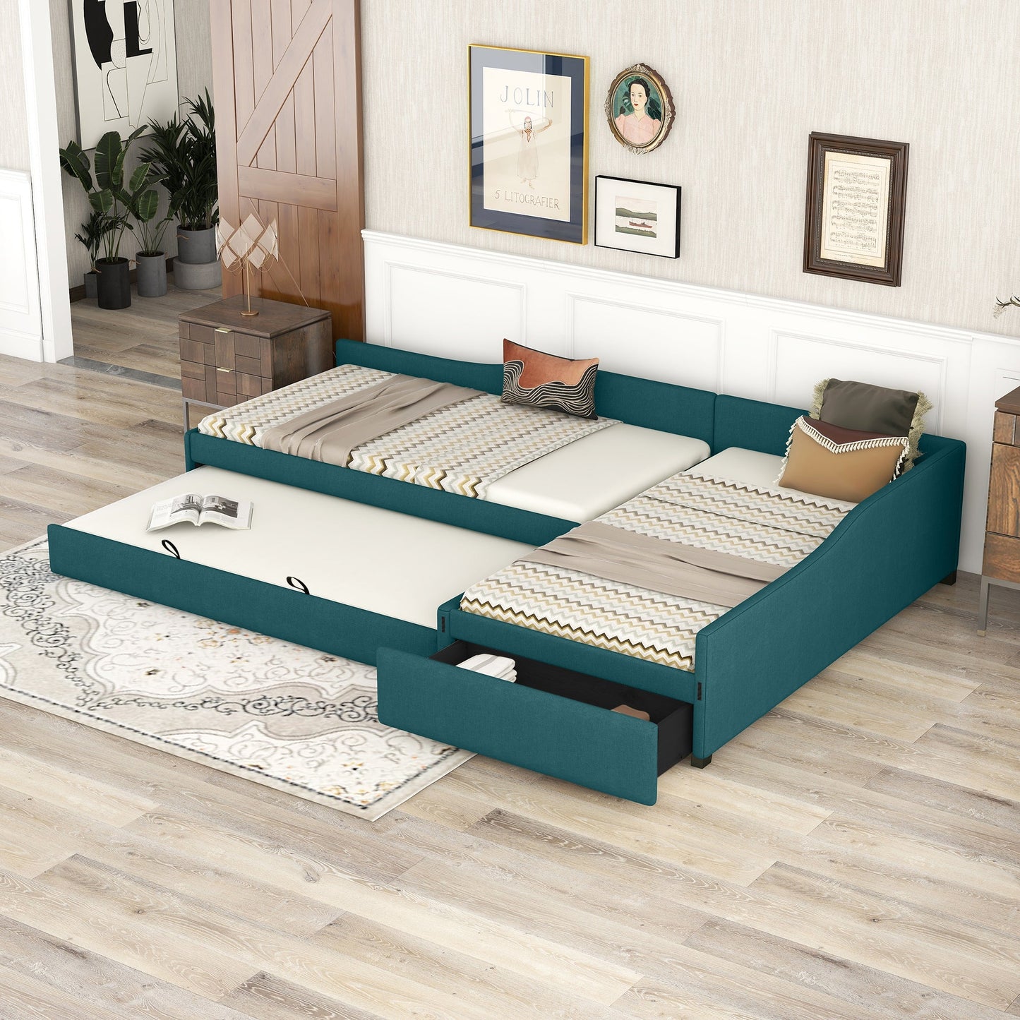 Upholstered Double Twin Size Daybed with Trundle and Drawer