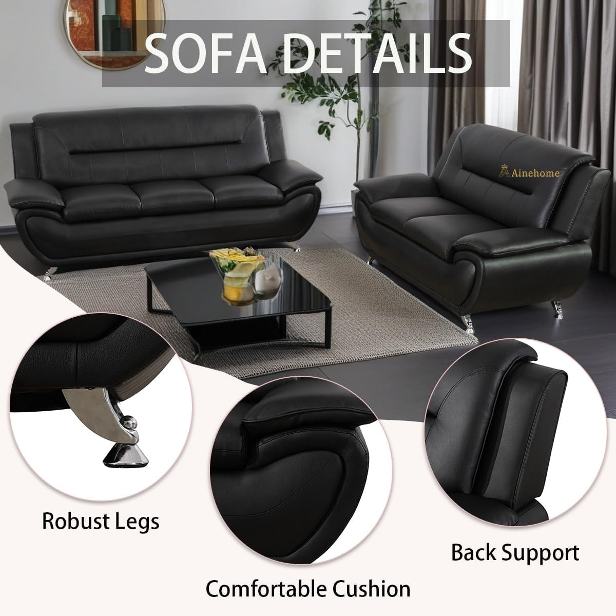 Black 5 Seat Faux Leather Sectional Sofa Set For Living Room