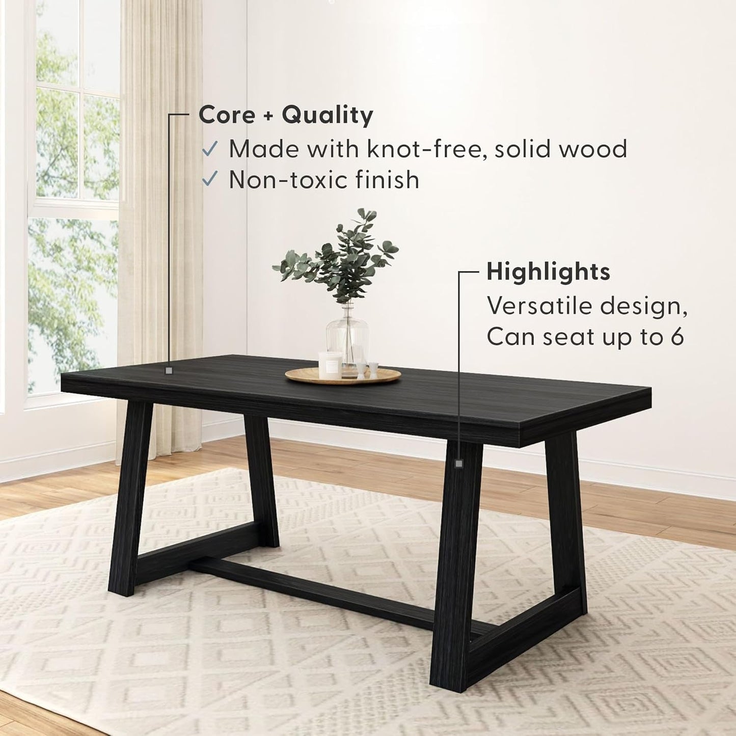 72 Inch Farmhouse Dining Table Solid Wood Black Wirebrush