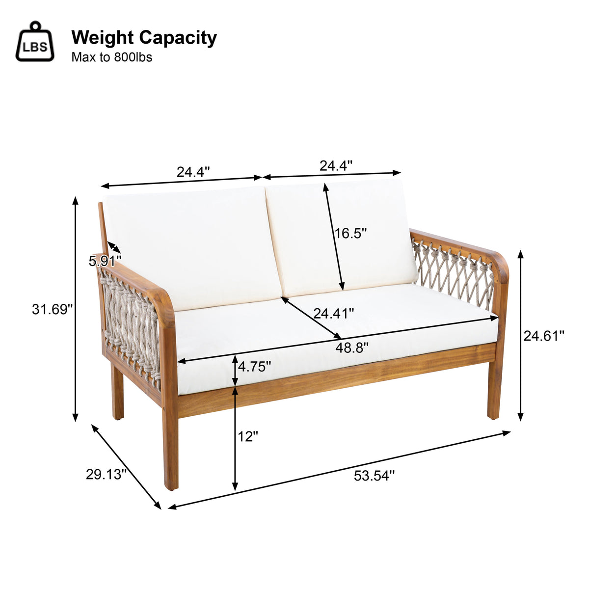 Outdoor Acacia Wood Loveseat & Coffee Table Set with Handwoven Rope