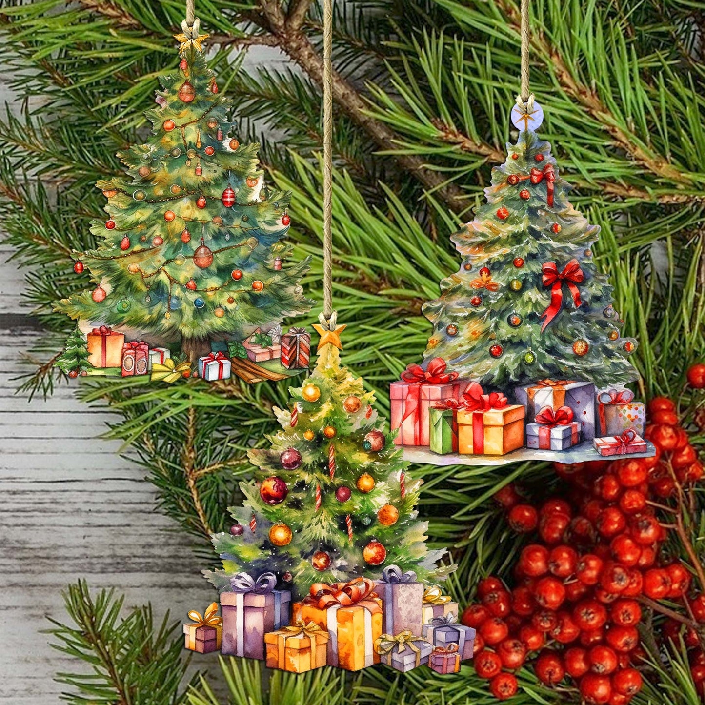 Christmas Tree Decorative Eco Wood Ornaments Set of 3 by G. Debrekht - Christmas Decor - 8091044-S3