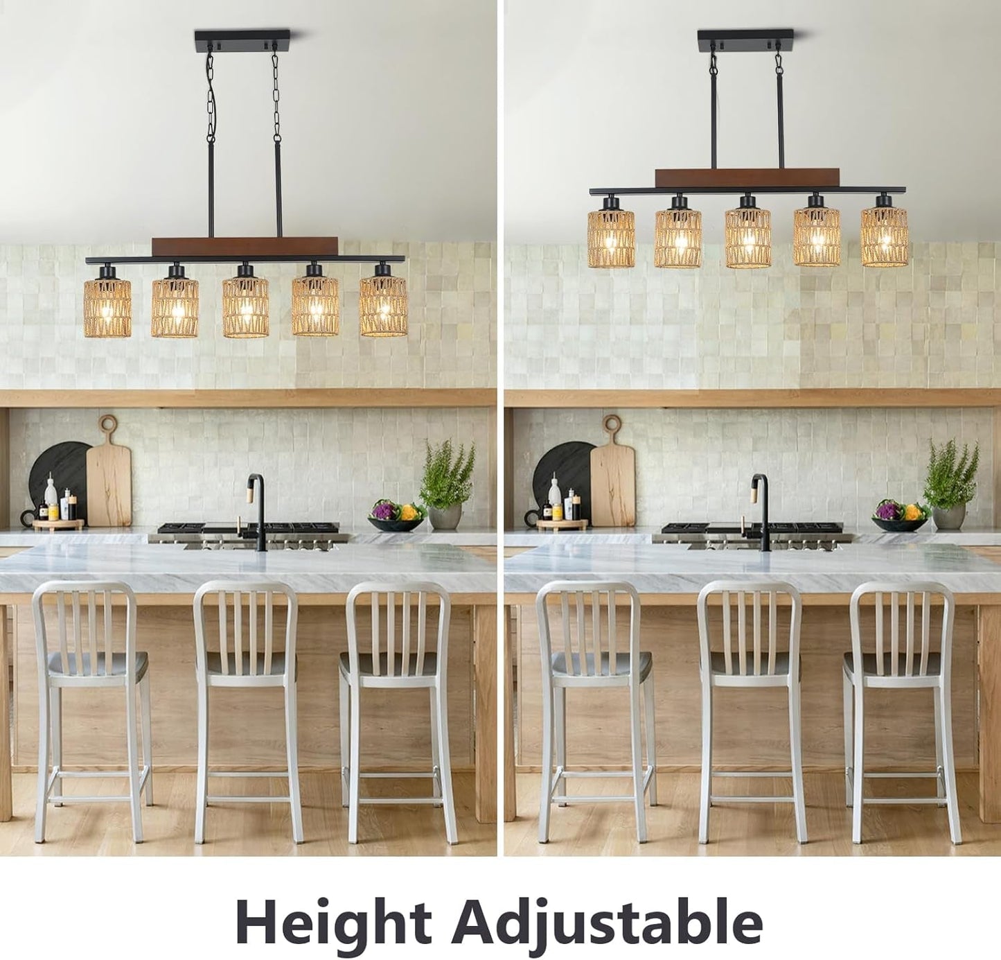 Rattan Farmhouse 5 Light Linear Chandelier Black Lighting displayed in a modern kitchen with height adjustable feature.