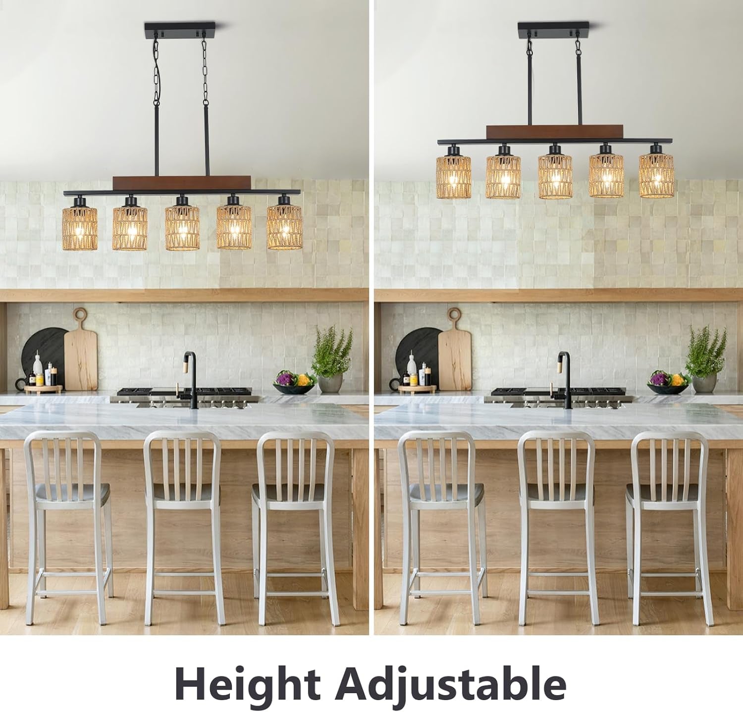 Rattan Farmhouse 5 Light Linear Chandelier Black Lighting displayed in a modern kitchen with height adjustable feature.