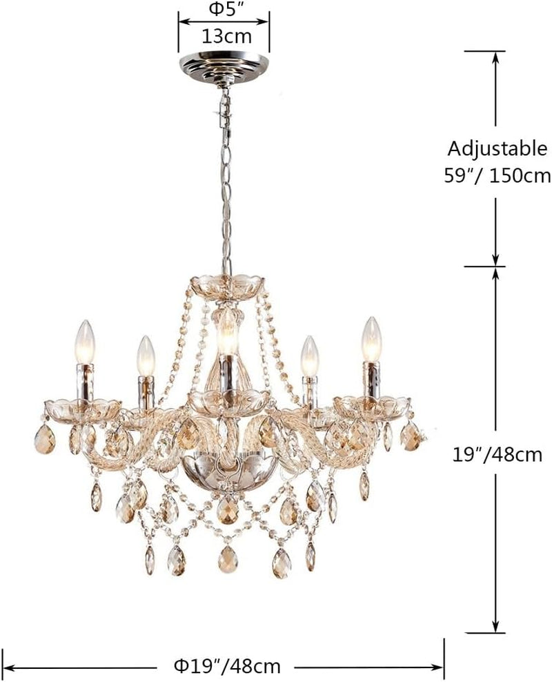 Champagne Crystal Chandelier 5 Light Modern Bedroom design with adjustable height and elegant crystal embellishments.