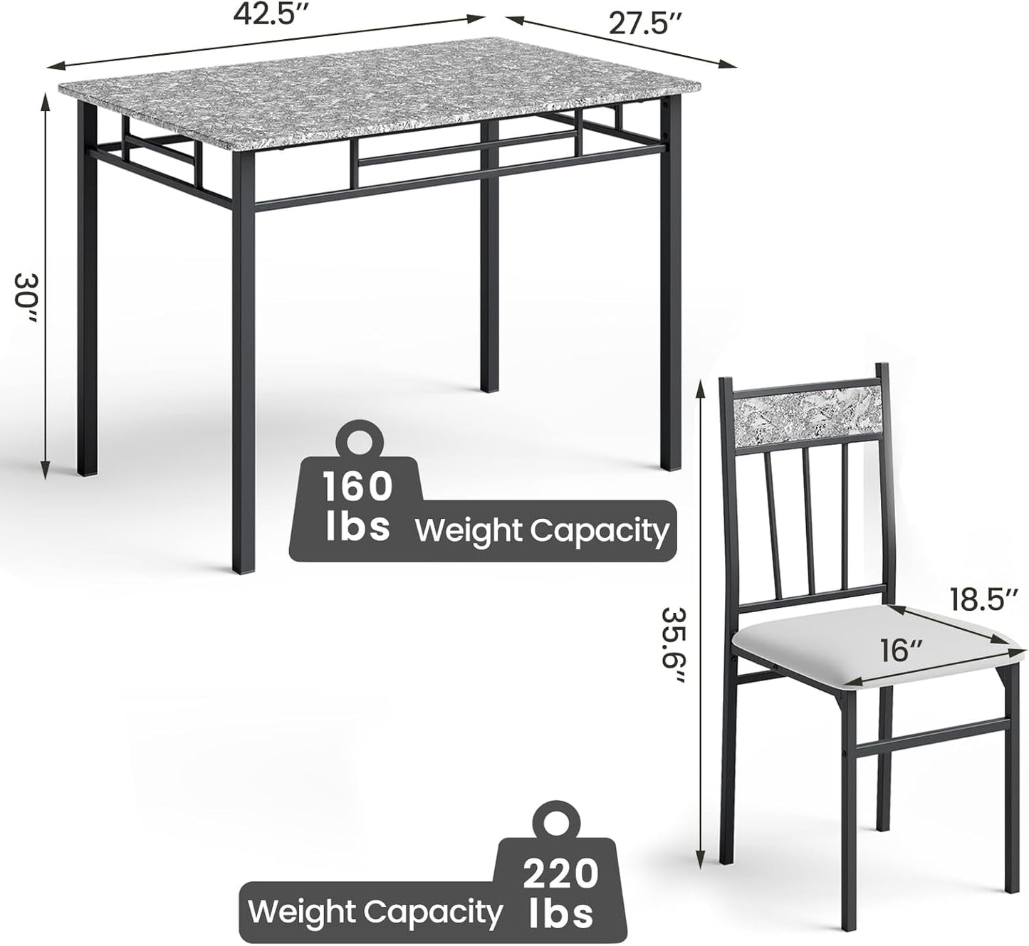 Grey Faux Marble Dining Table Set For 4 With Padded Chairs