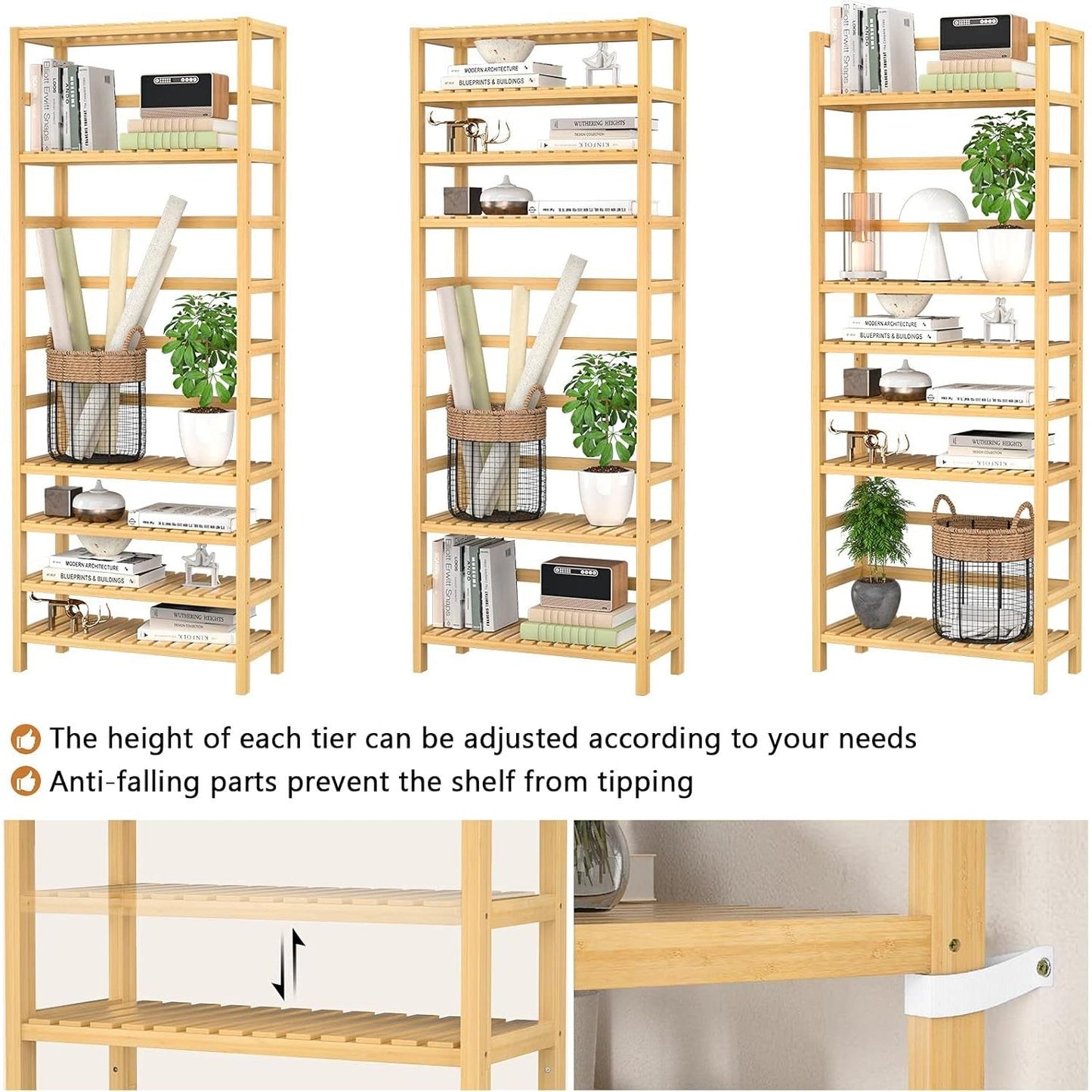 Six Tier Adjustable Bamboo Bookshelf Tall 63 Inch Natural