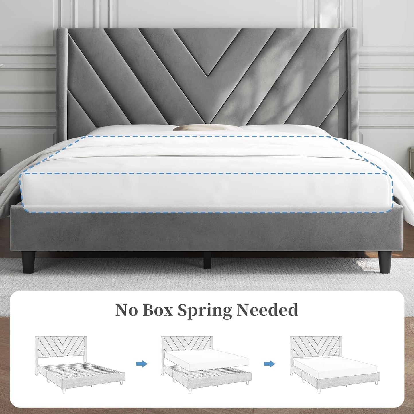 Queen Upholstered Bed Frame With Winged Tufted Headboard Light Gray