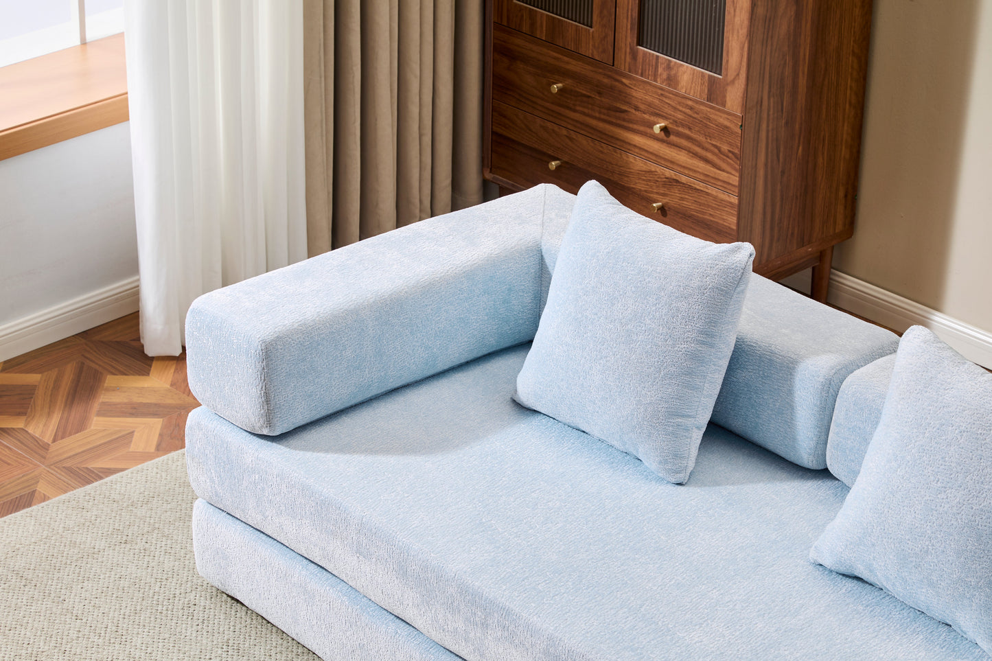 Light Blue Chenille Convertible Floor Couch