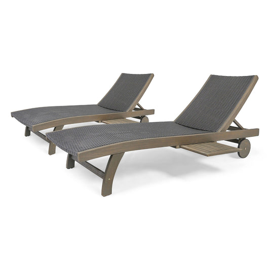 Outdoor Chaise Lounge with Pull-Out Tray and Wicker Seat - Gray
