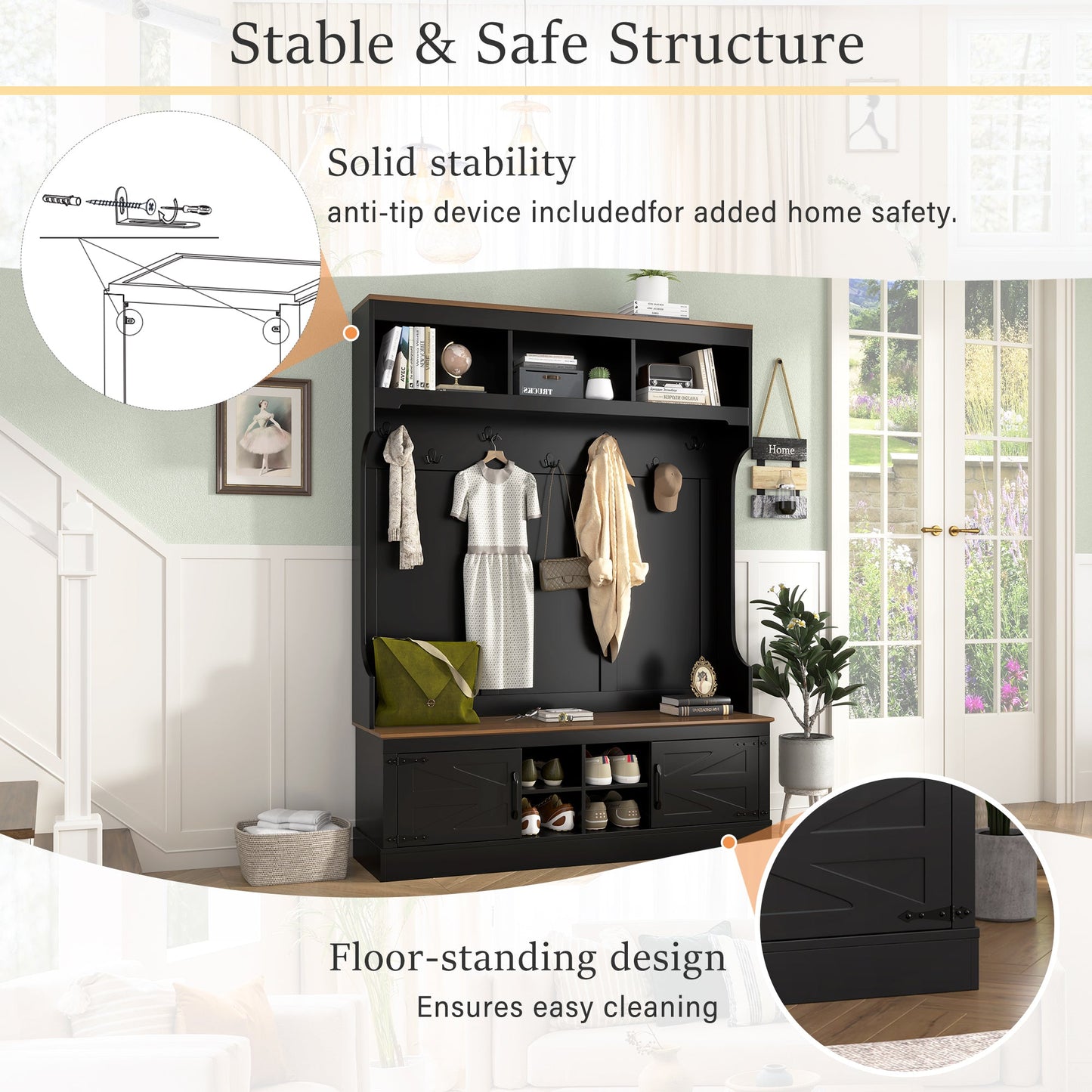 Vibe Haus 71"H Farmhouse Hall Tree with Bench and Shoe Storage