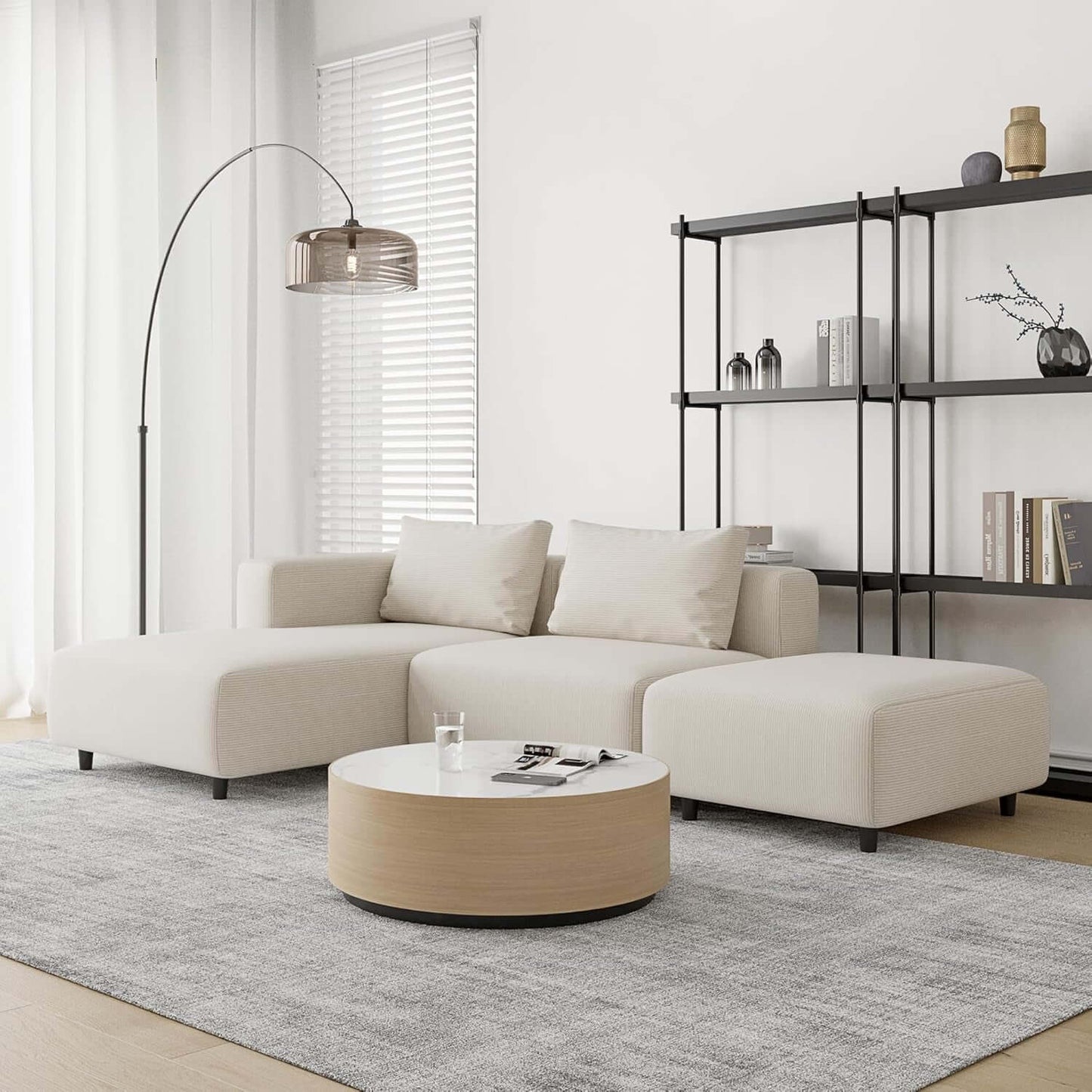 Soft Corduroy Sectional Sofa Set L Shaped Cream Modular in a modern living room setting.