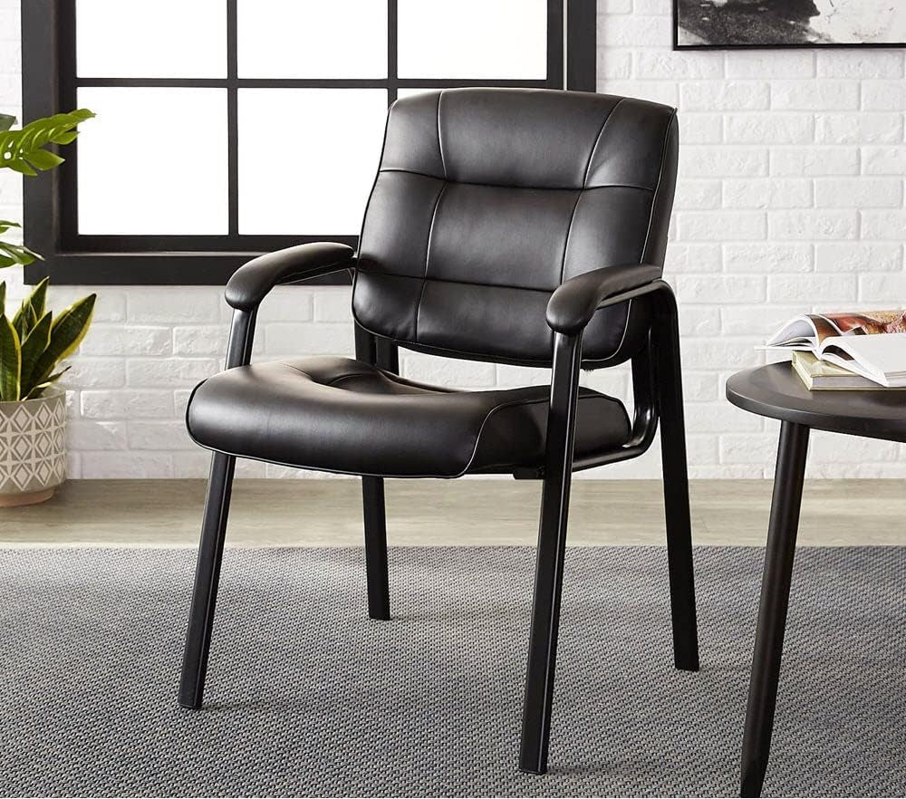 Black Faux Leather Office Guest Chair With Metal Frame