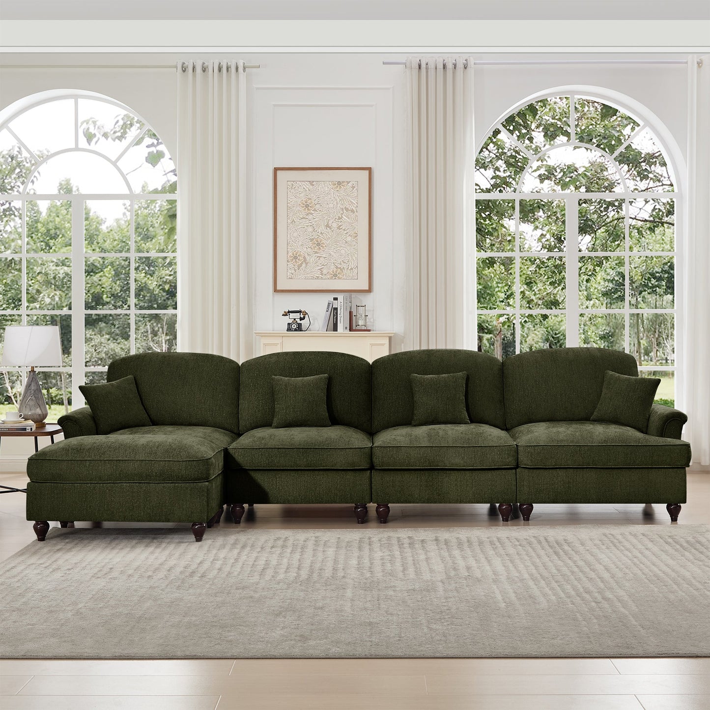 Classic Three Seater Modular L Shaped Sectional Couch with Flared Arms and Removable Ruffles Pleats Skirts and Spindle Legs, Comfy Chenille Four-Seat Deep Seat Sofa with Movable Ottoman, Green