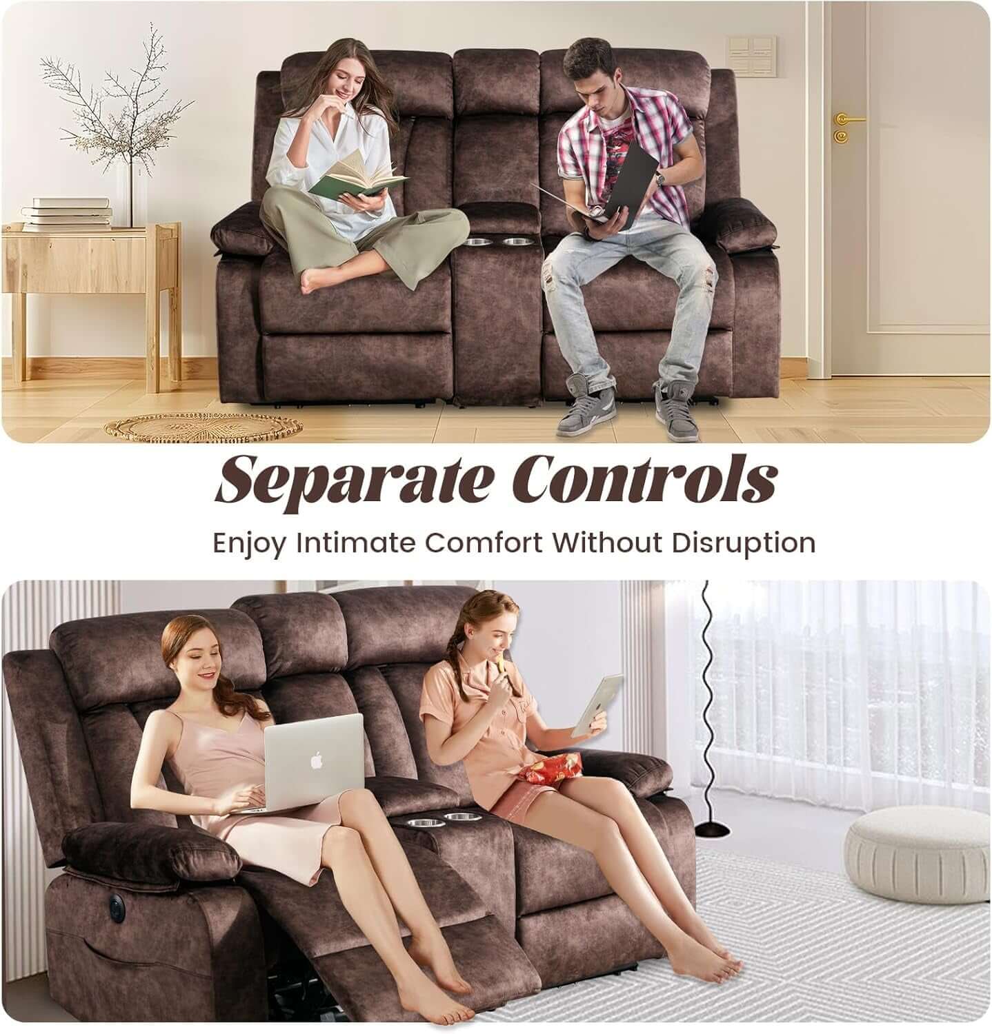 Power Reclining Sofa Set 3 Seat With Massage USB Ports showing comfort features and separate controls for users.