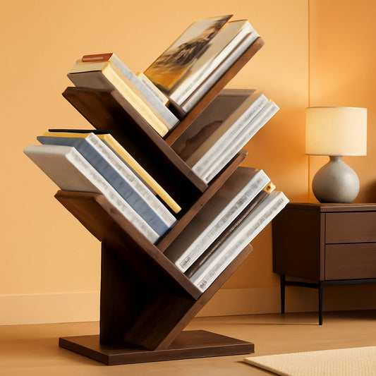 Rustic Brown 4 Tier Tree Bookshelf Free Standing Living Room