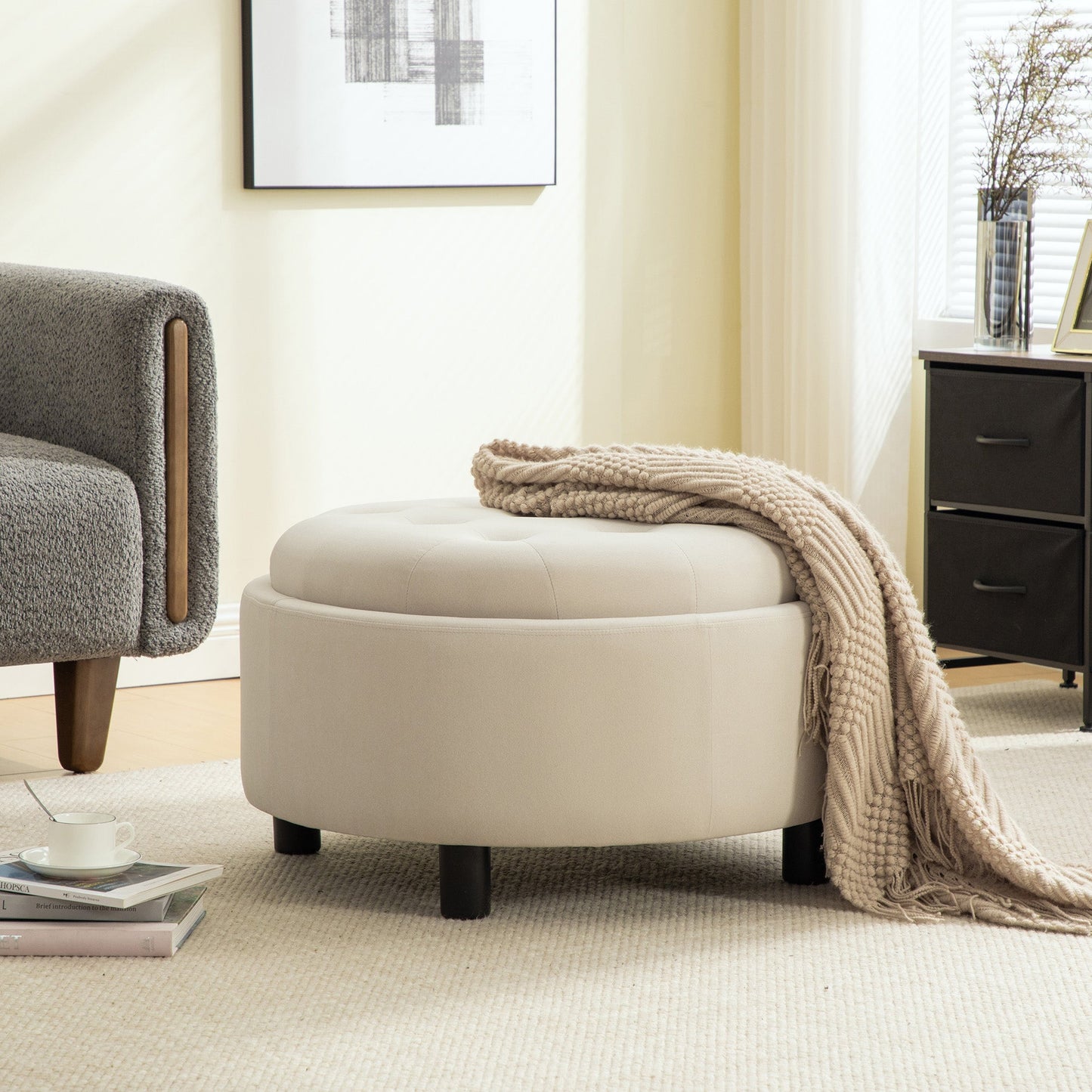 Upholstered Round Ottoman With Reversible Lid