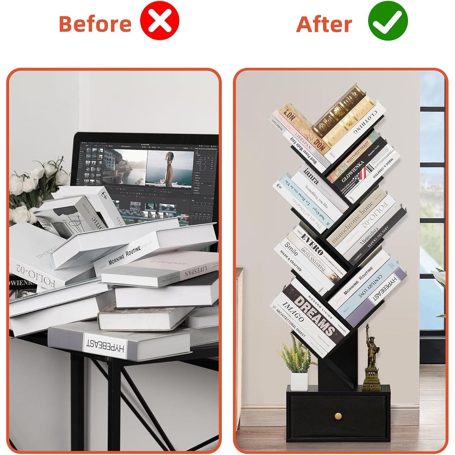 8 Tier Tree Bookshelf Drawer Freestanding Black Bookcase