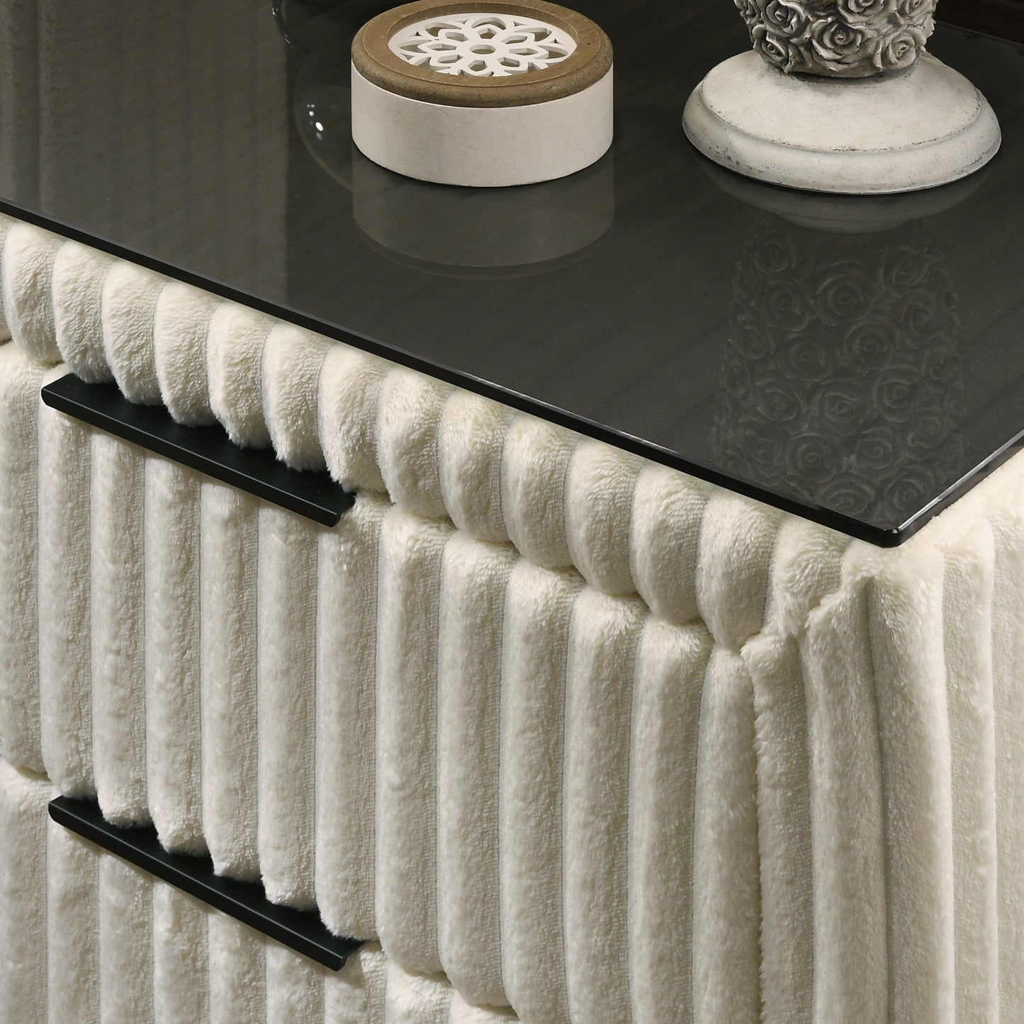 Mavela Wide Wale Corduroy Upholstery Panel King Bed with 2 Nightstands, Cream