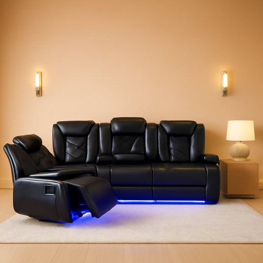 Power Leather Recliner Sofa Set LED Lights USB Ports Black