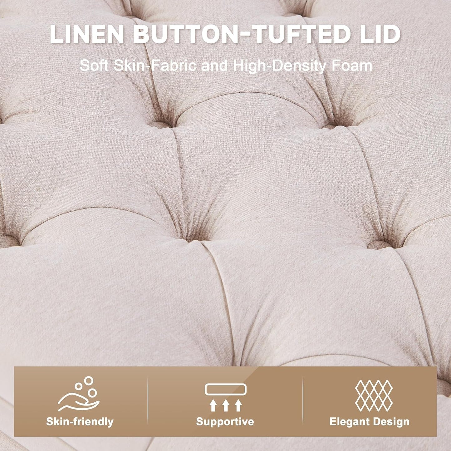 50 Inch Beige Tufted Storage Ottoman Bench Upholstered