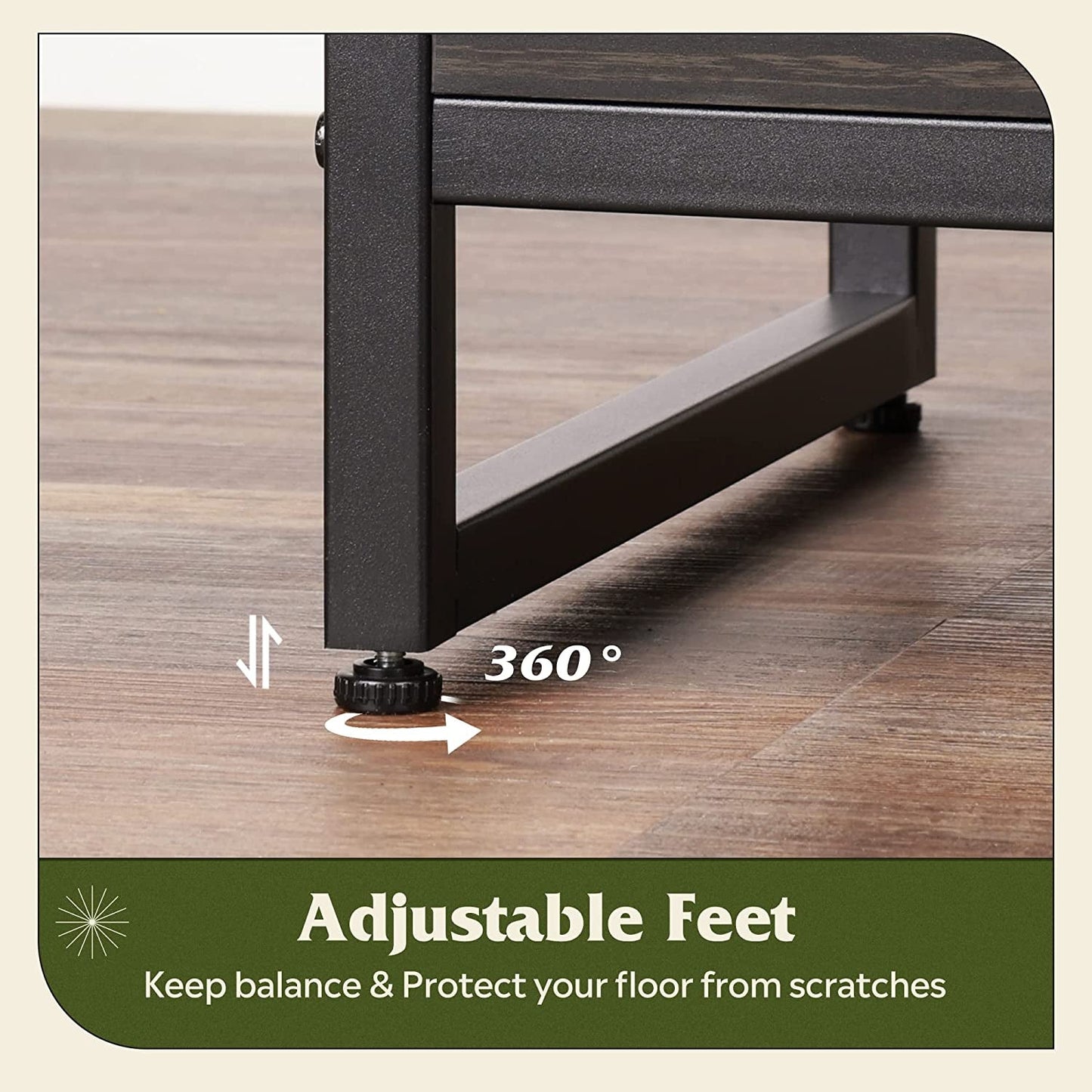 55 Inch TV Stand With Storage Console Industrial Farmhouse featuring adjustable feet for balance and floor protection.