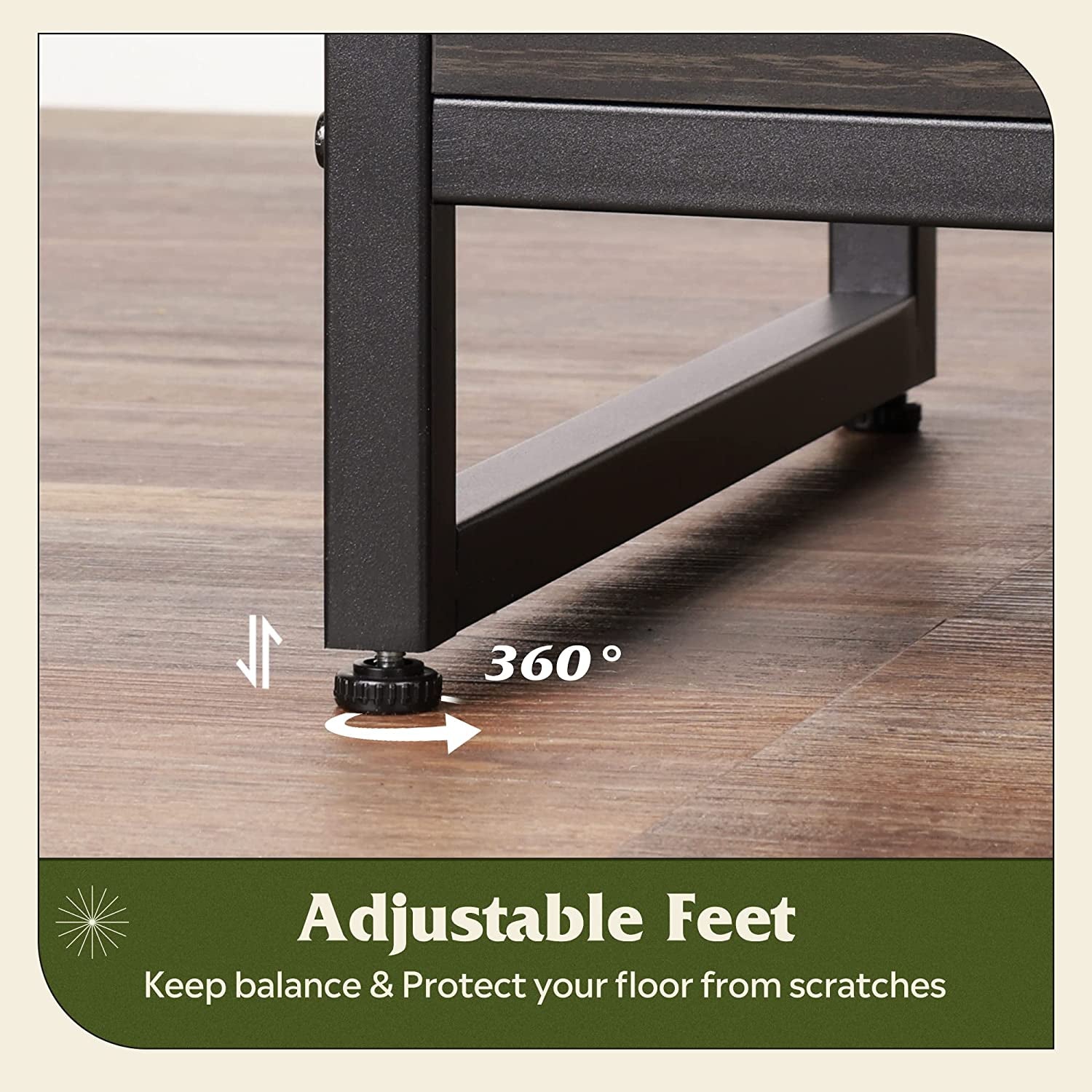 55 Inch TV Stand With Storage Console Industrial Farmhouse featuring adjustable feet for balance and floor protection.
