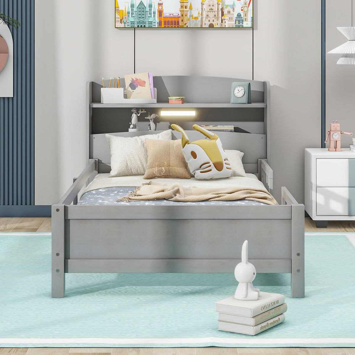 Wood Twin Size Platform Bed with Built-in LED Light, Storage Headboard and Guardrail, Antique