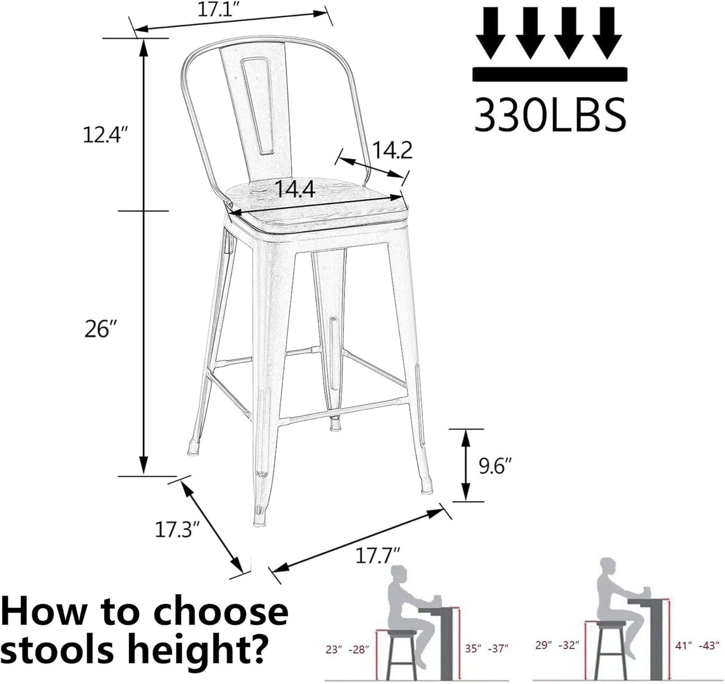 26 Inch Swivel Bar Stools Set Of 4 With Large Wooden Seat Matte Black High Back Design