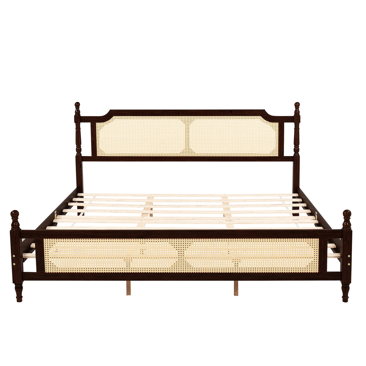 King Pine wooden Bed with Rattan Headboard  and Footboard, with  Central Enhanced Bed Platform ,Espresso