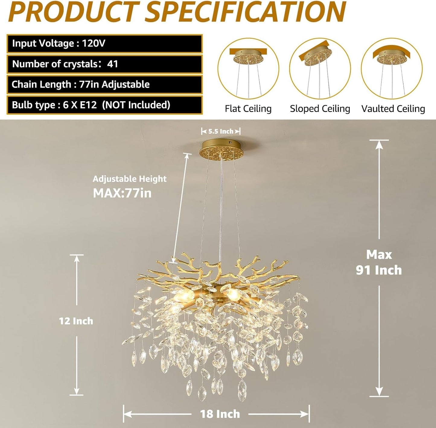 Gold Crystal Tree Branch Chandelier 18 Inch K9 Crystals