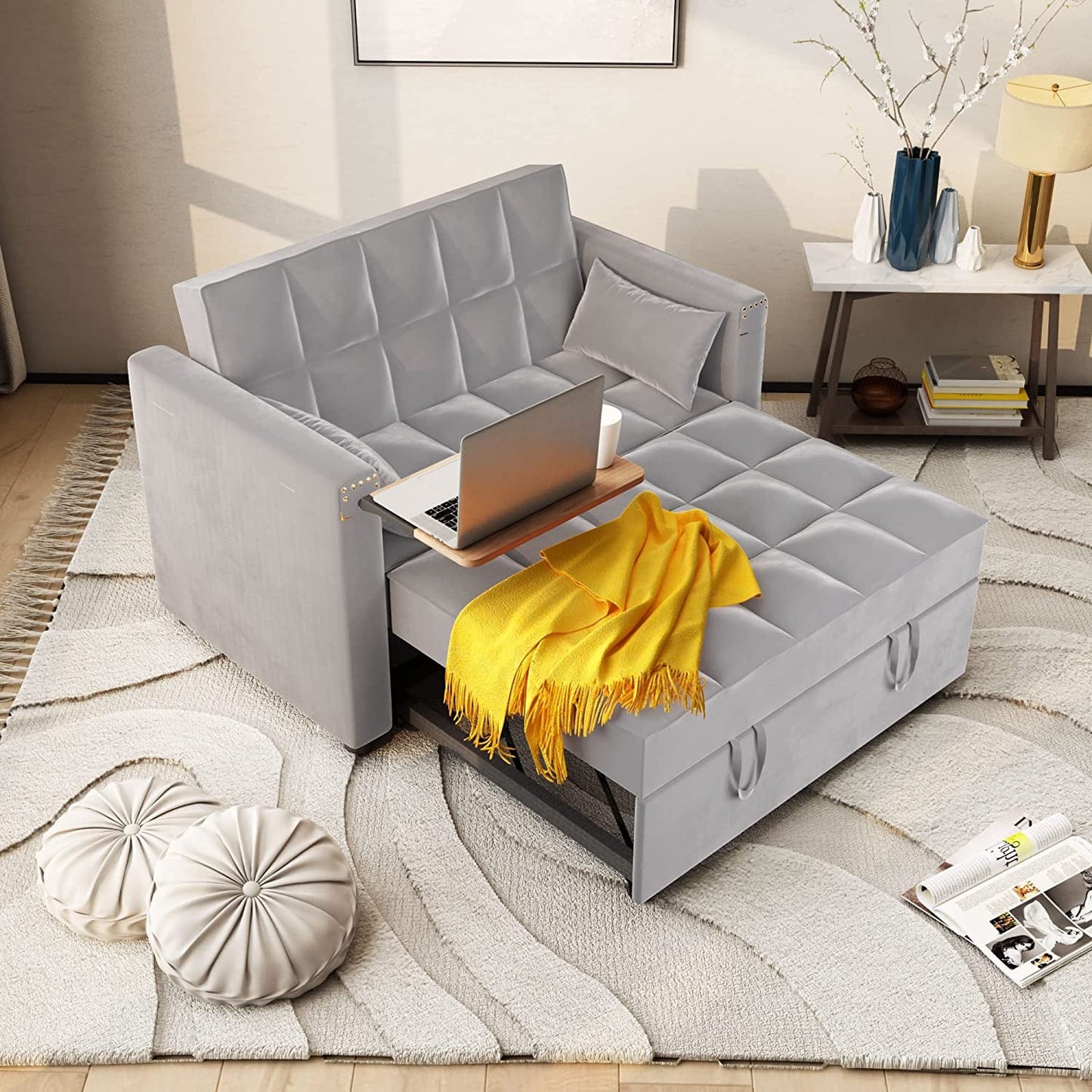 Sofa Bed With Hidden Table Velvet Fabric For Small Spaces