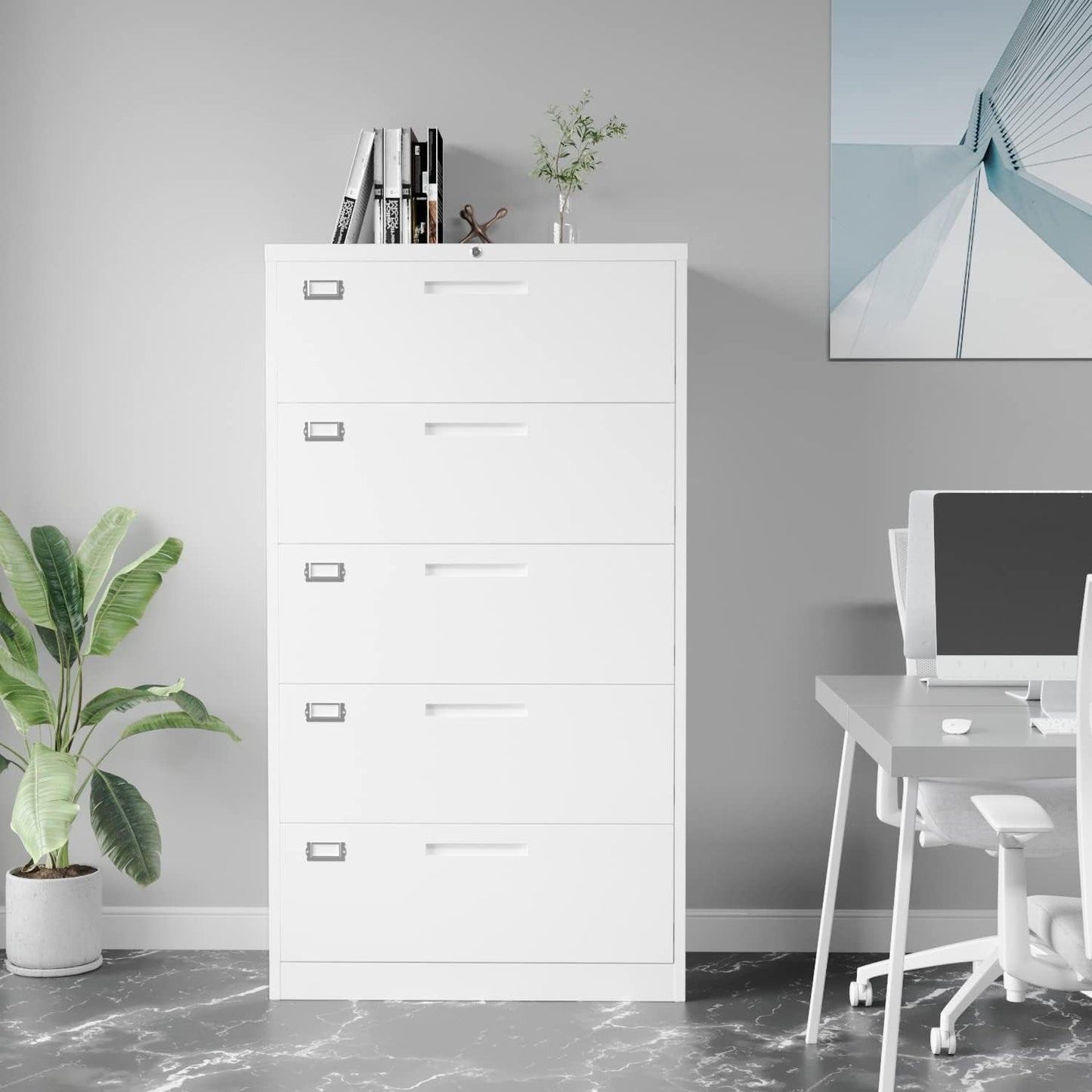 Lateral File Cabinet White 5 Drawer Lockable Office Storage