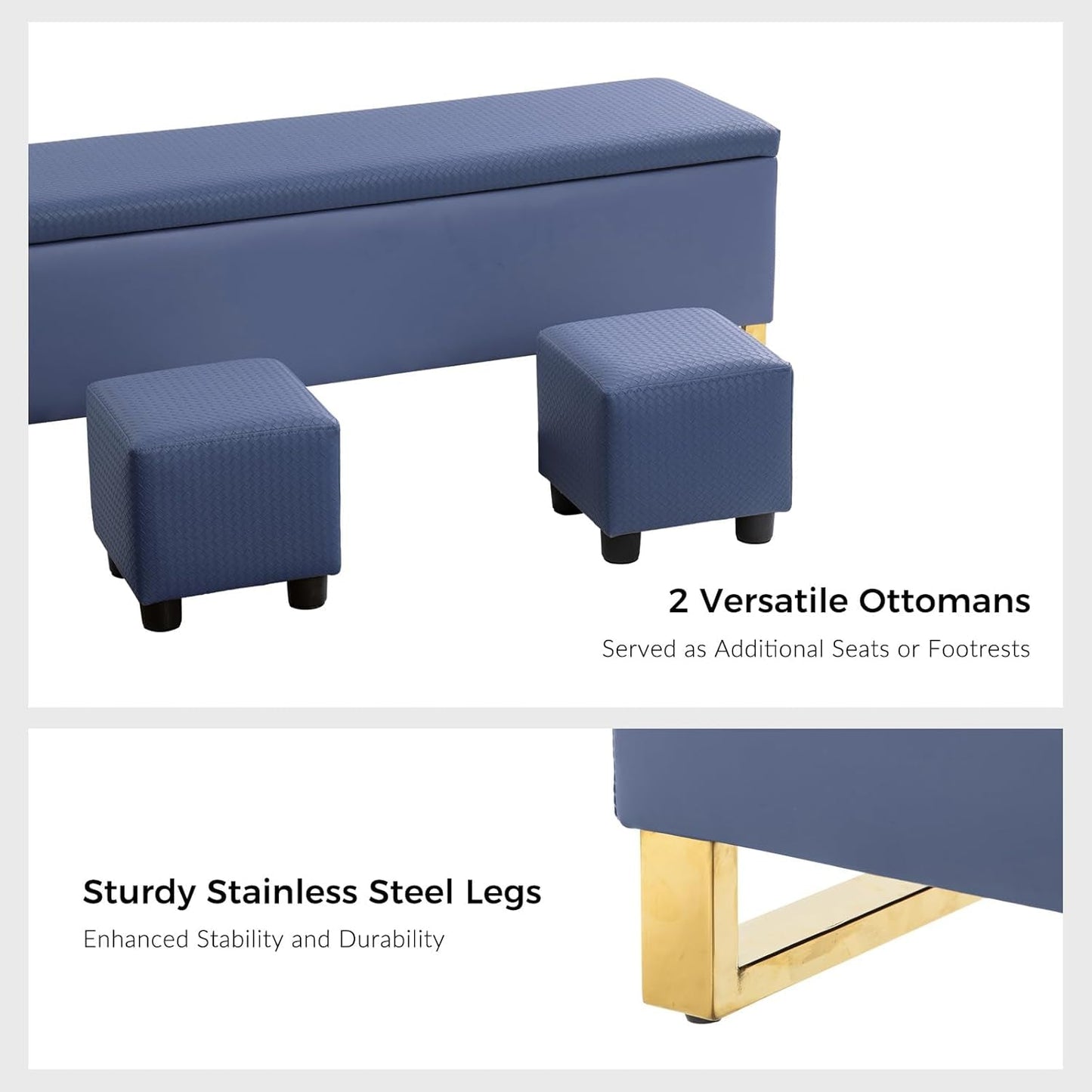 Navy Upholstered Storage Ottoman Bench With Hideaway
