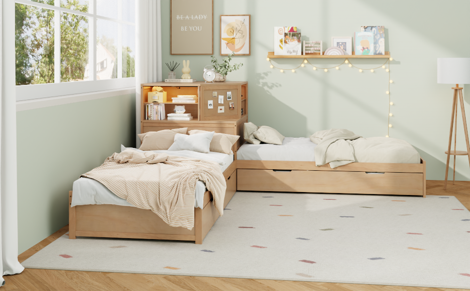 L-Shaped Combination Twin Bed Frame with Trundle and Drawer
