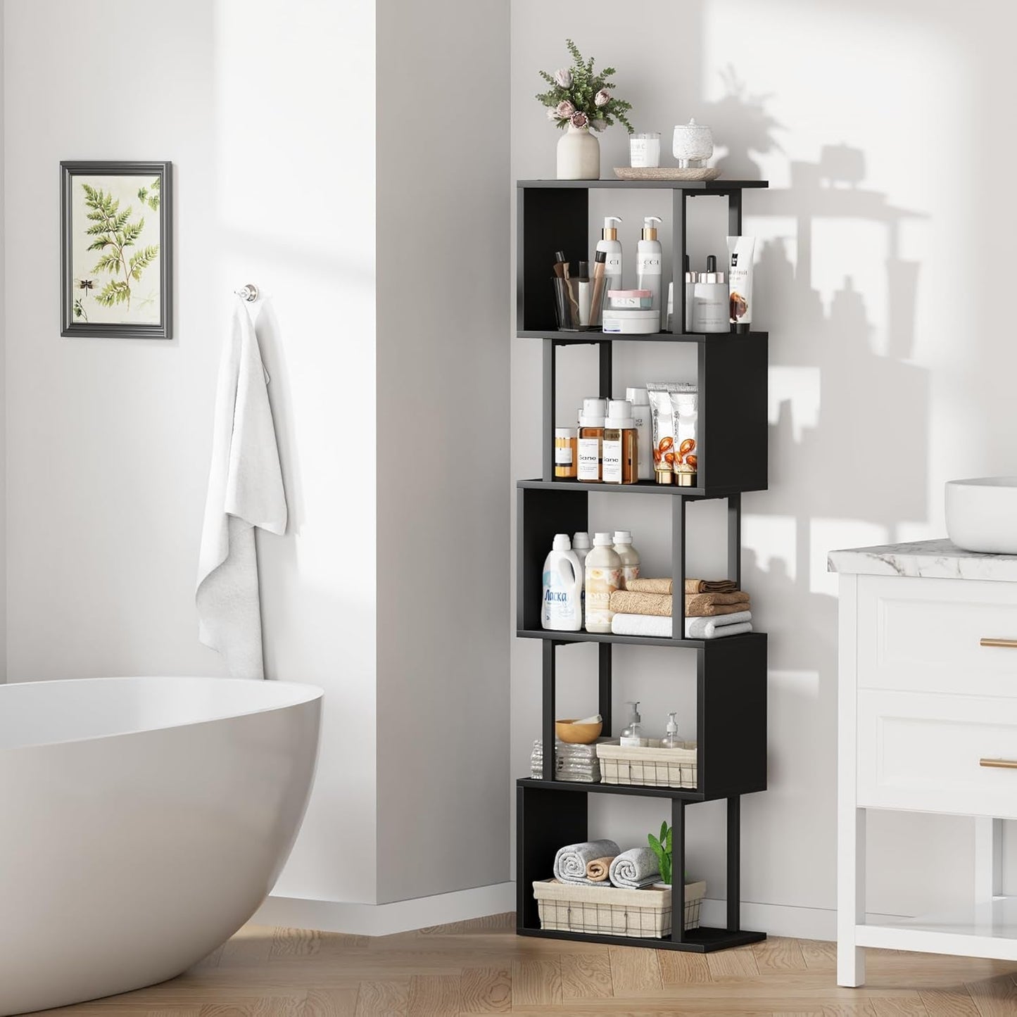 5 Tier S Shaped Bookcase Black Wood And Metal Livingroom