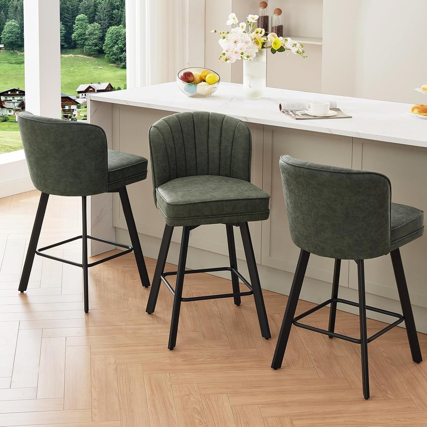 Swivel Counter Height Bar Stools Green Faux Leather in a kitchen setting with a view.