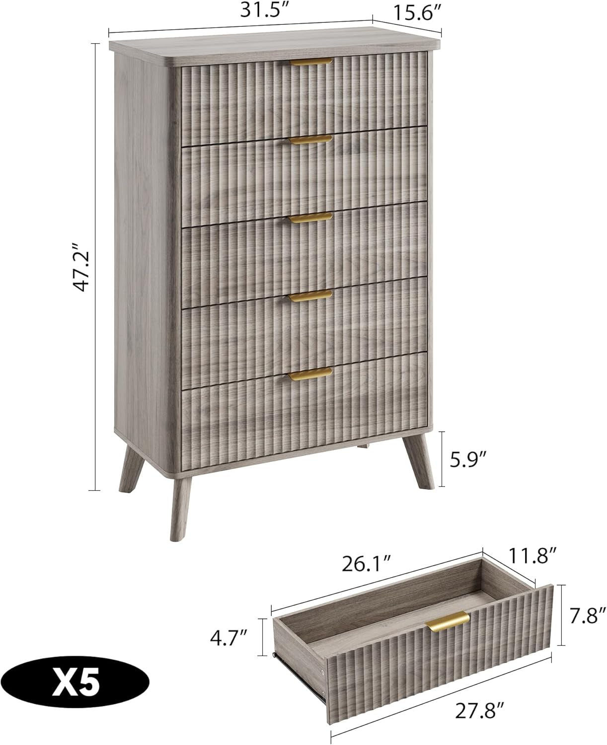 Grey Fluted Contemporary Five Drawer Bedroom Dresser