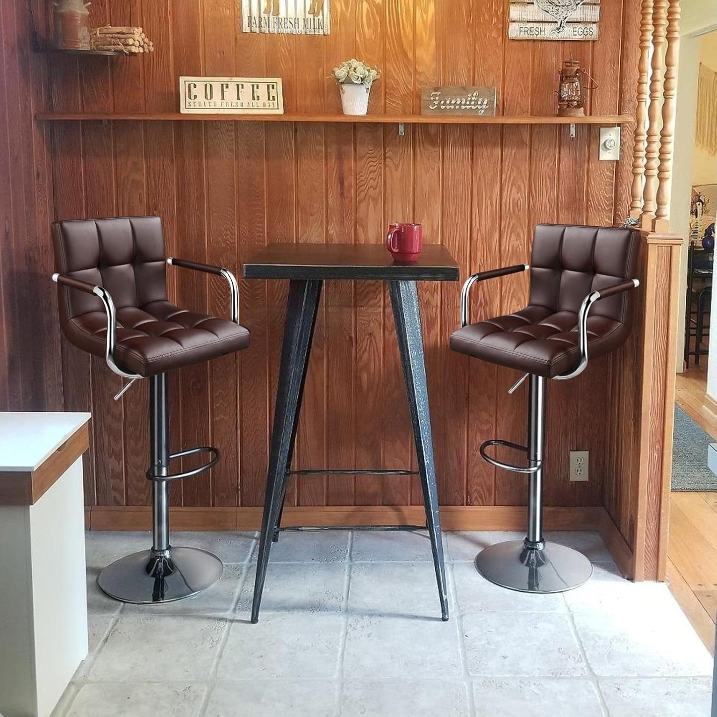Adjustable Bar Stools Set Of 2 360 Swivel Brown PU Leather