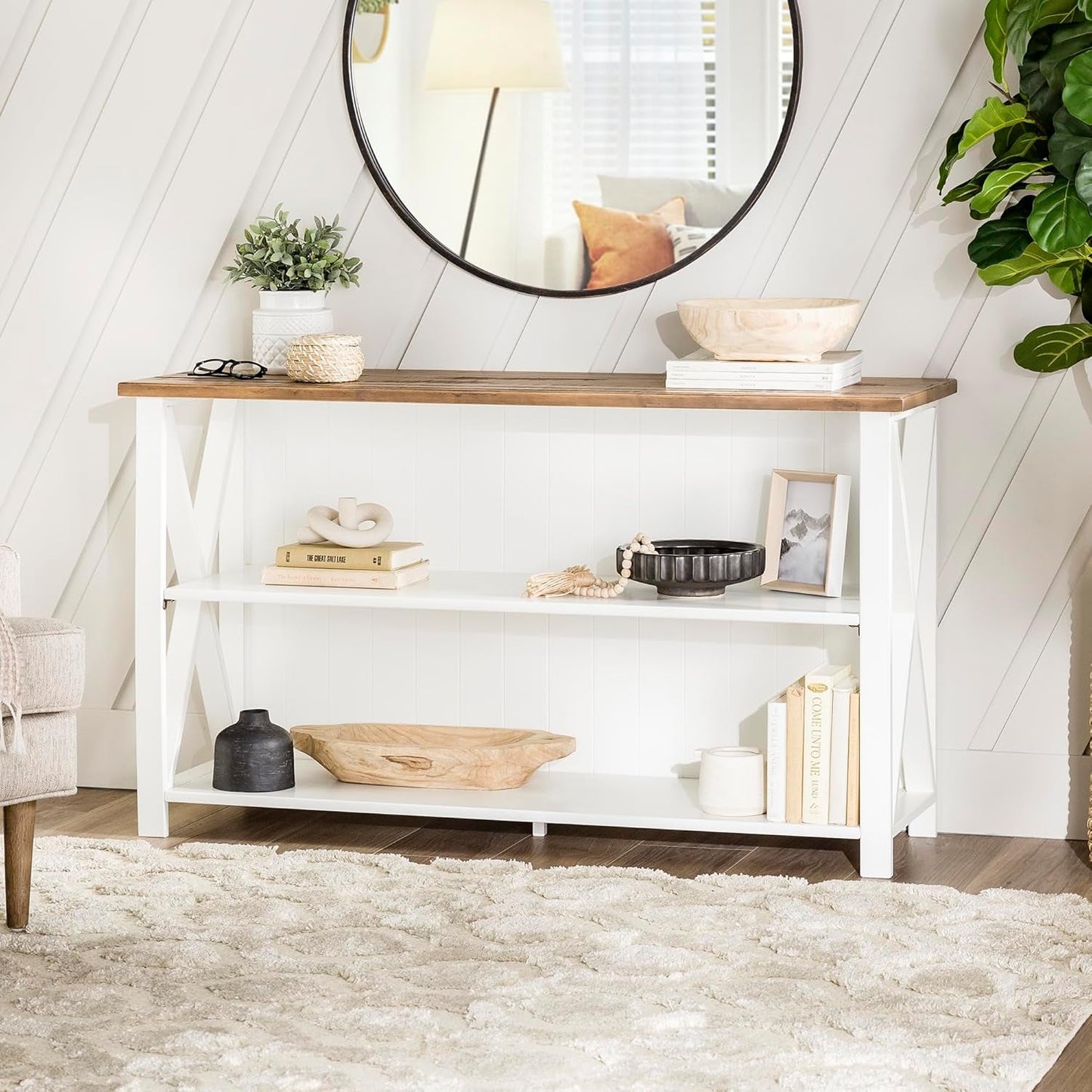 52 Inch White 2 Tier Modern Farmhouse Wood Bookcase Bookshelf for Home Office Storage Cabinet