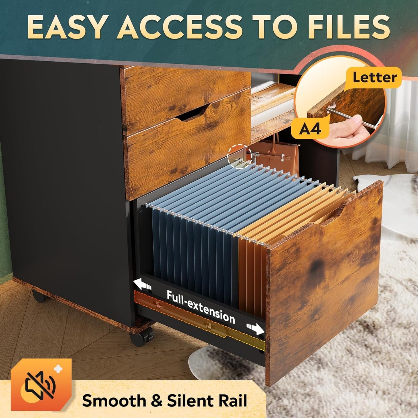 Mobile 3 Drawer Wood File Cabinet With Open Storage Shelves Rustic Brown