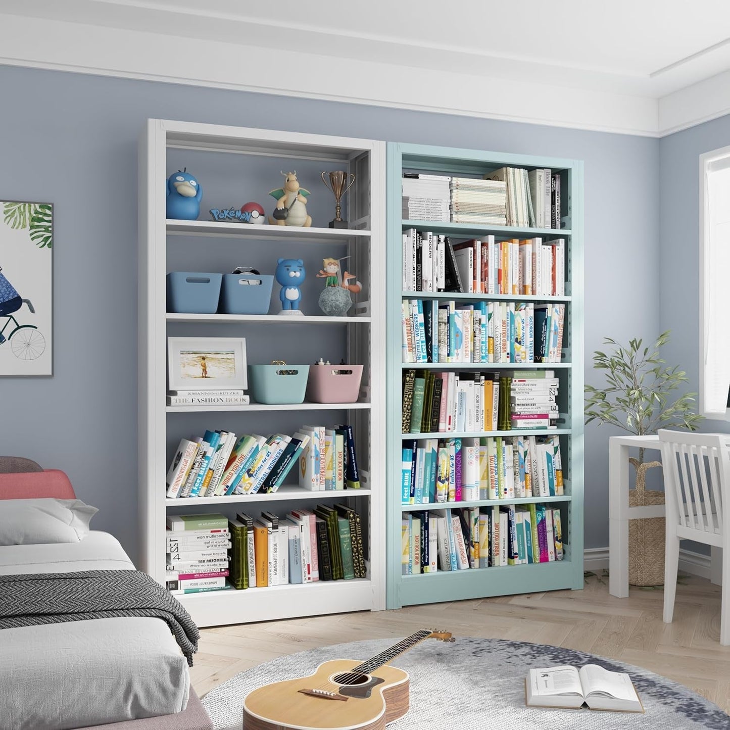 5-Tier White Metal Bookshelf With Adjustable Shelves