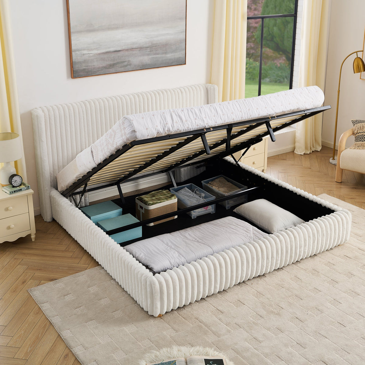 King Functional Vertical Striped Bed with Gas Lift Storage